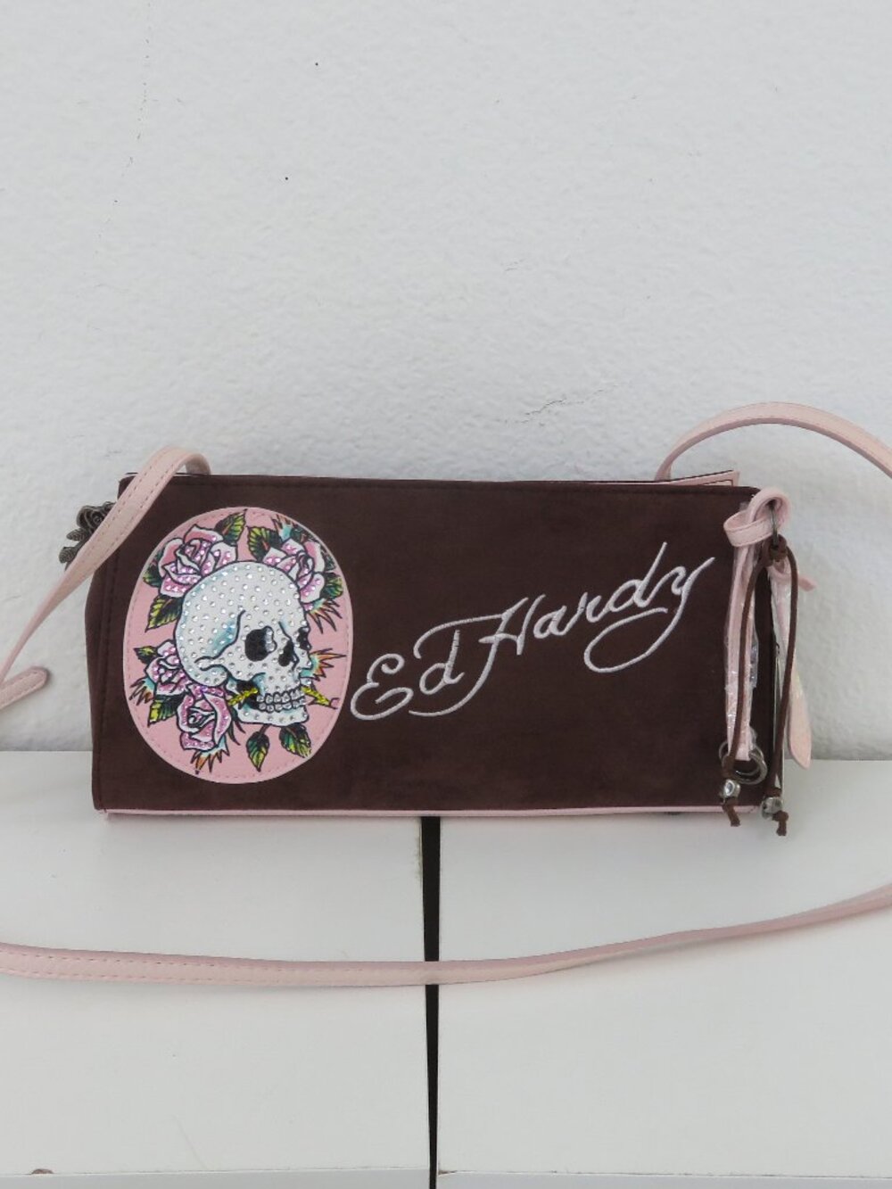 (#139) Ed Hardy Pink/Brown Skull Rhinestone Bag Shoulder Crossbody Bag